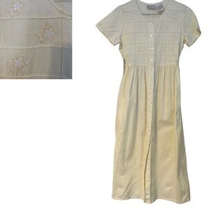 Vtg. Erika Dress Pastel Yellow Linen Embroidered Cottagecore Scoop Neck Size PS